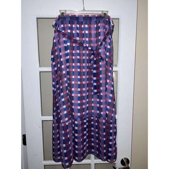 Ann Taylor Plaid Midi Maxi Skirt - 14 Modest Blue Purple Bow Belt Cottagecore - Picture 1 of 4